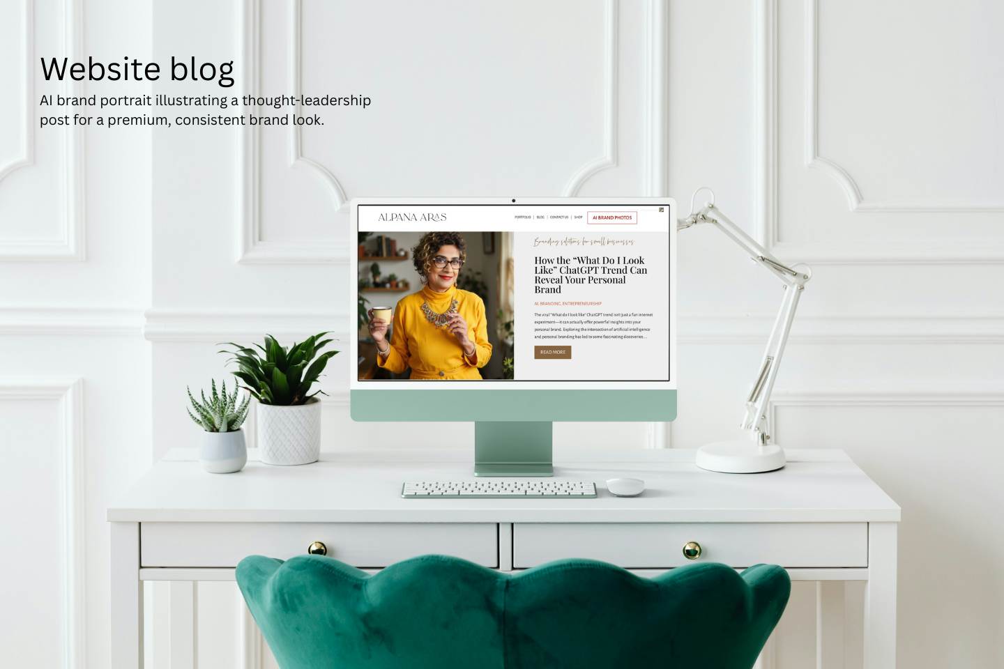 reimagined-ai-brand-portrait-website-blog AI brand portrait illustrating a thought-leadership blog post for a consistent premium brand look