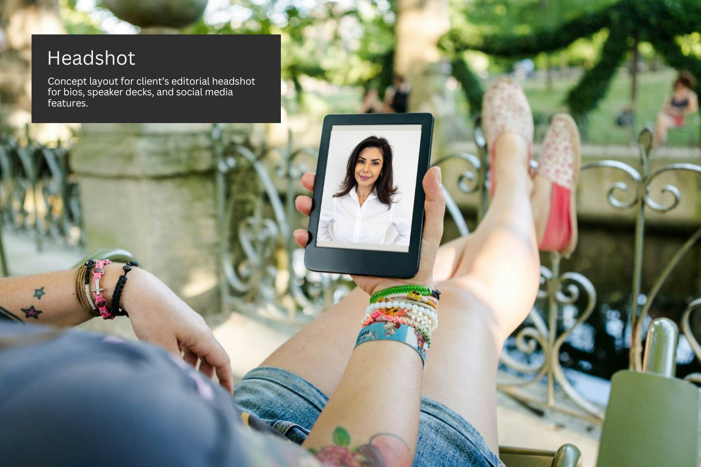 reimagined-ai-editorial-headshot-bios-speaker-decks AI brand portrait shown on an iPad for sales pages, slide decks, and client demos