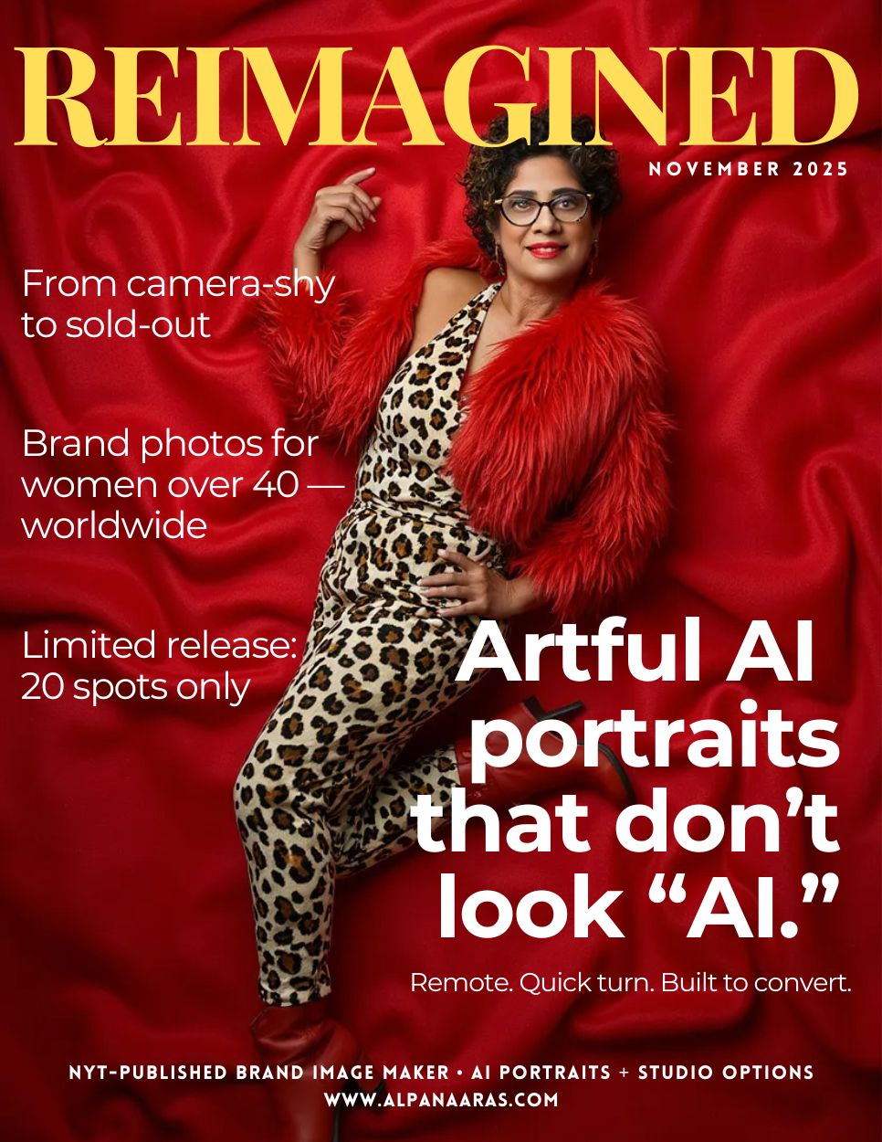 ReImagined cover: artful AI portraits for women over 40—remote, quick-turn brand images that don’t look AI.ReImagined cover: artful AI portraits for women over 40—remote, quick-turn brand images that don’t look AI.