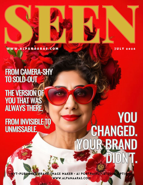 Woman in red heart-shaped sunglasses on a SEEN magazine-style cover about identity, visibility and personal branding.