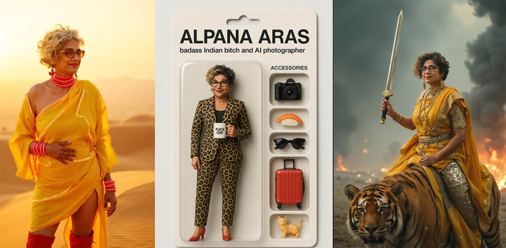 Three AI-generated portraits of an Indian woman in a yellow sari, as a collectible figure holding a FUCK OFF mug, and riding a tiger.