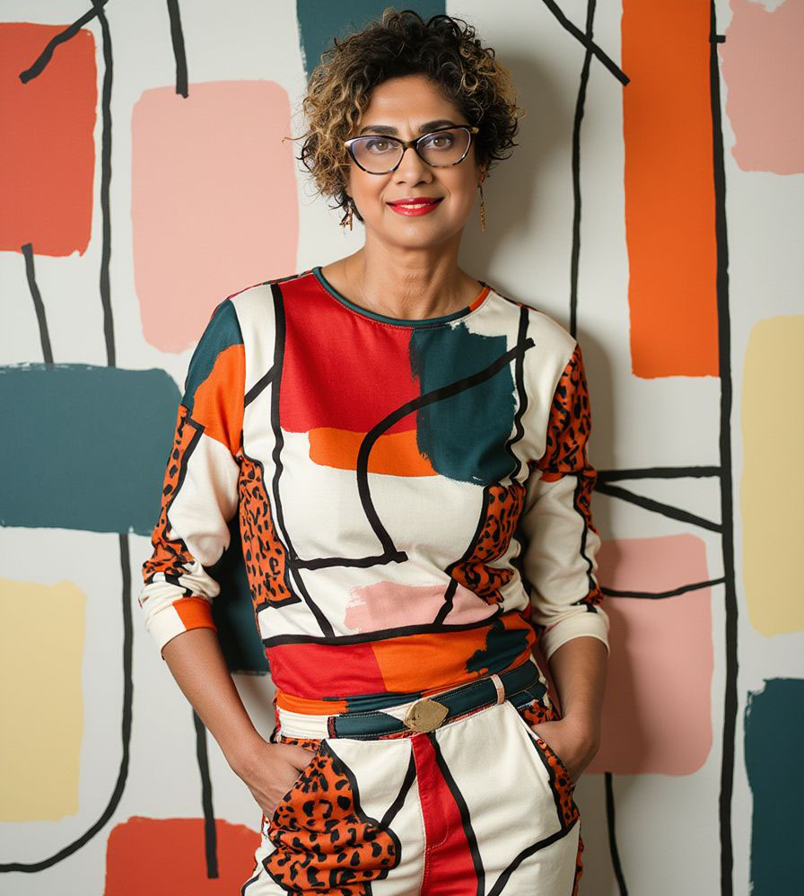 Woman in a patterned outfit blending into a modern art background.